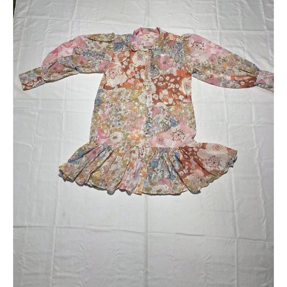 nk Ripple Floral Boho Tiered Ruffle Mini Dress Women’s Large Long Sleeve